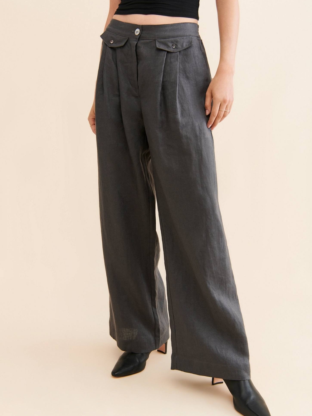 Sovere Instance Linen Pants Wide Leg High Rise Gray Charcoal Flowy Size S